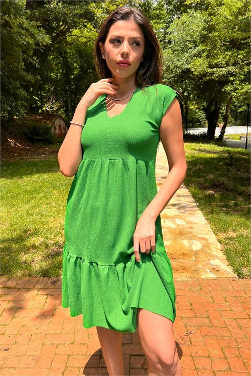 Dipmoda kadın yeşil V-yaka eteği fırfırlı yazlık elbise LPTR02 