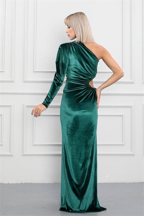 Dipmoda kadın yeşil vatkalı tek kol uzun abiye elbise NBS9299