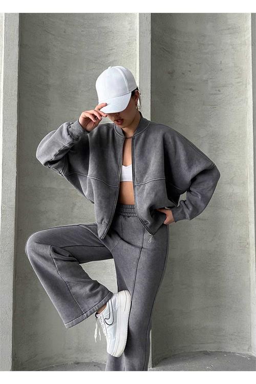 Dipmoda kadın yıkamalı sweat pantolon eşofman takımı NBG046