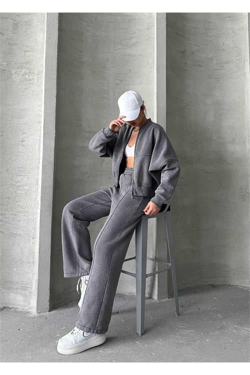 Dipmoda kadın yıkamalı sweat pantolon eşofman takımı NBG046