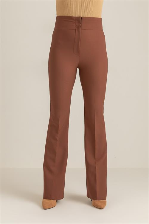 Dipmoda kadın yüksek bel ispanyol paça pantolon QNS046 - Kahverengi 