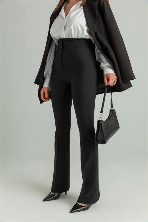 Dipmoda kadın yüksek bel ispanyol paça pantolon QNS046 - Siyah 