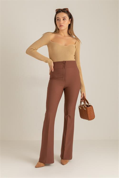 Dipmoda kadın yüksek bel ispanyol paça pantolon QNS046 - Kahverengi 