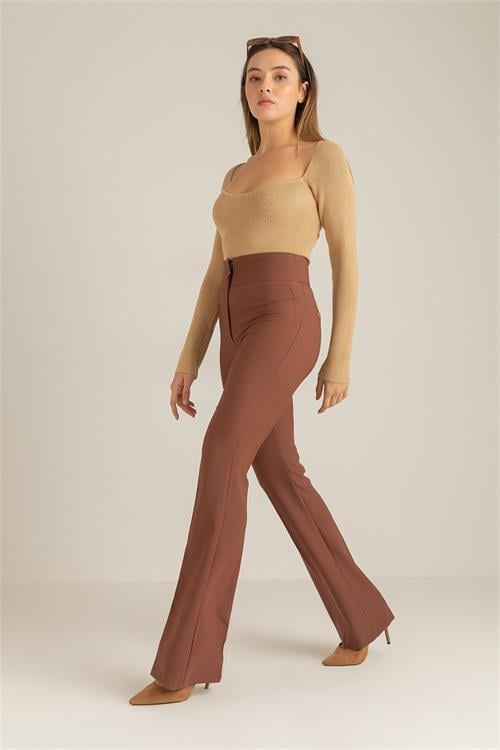 Dipmoda kadın yüksek bel ispanyol paça pantolon QNS046 - Kahverengi 