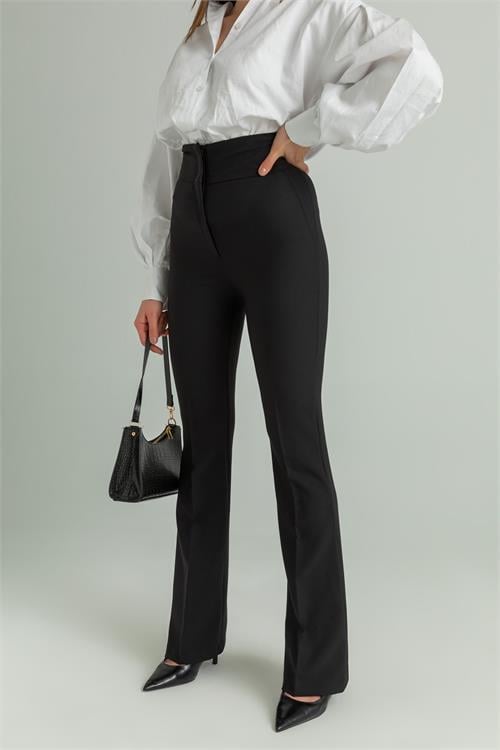 Dipmoda kadın yüksek bel ispanyol paça pantolon QNS046 - Siyah 