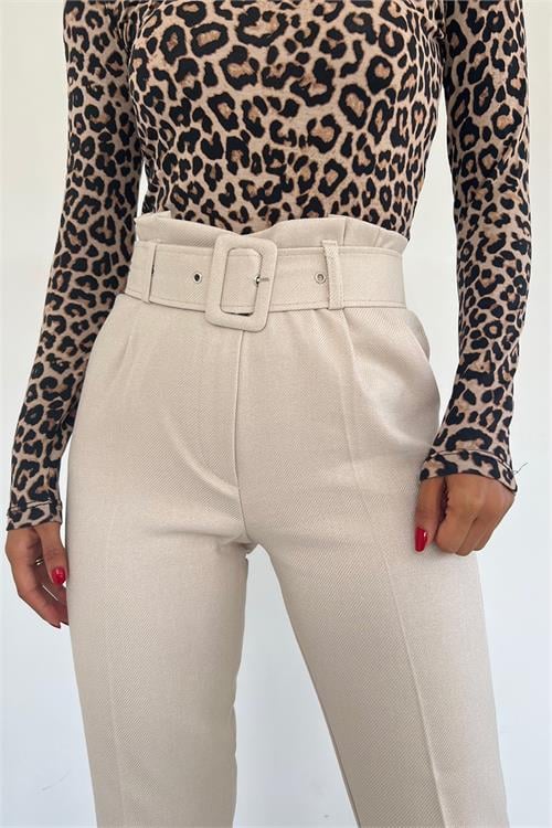 Dipmoda kadın yüksek bel kemerli pantolon QNS040 - Bej 