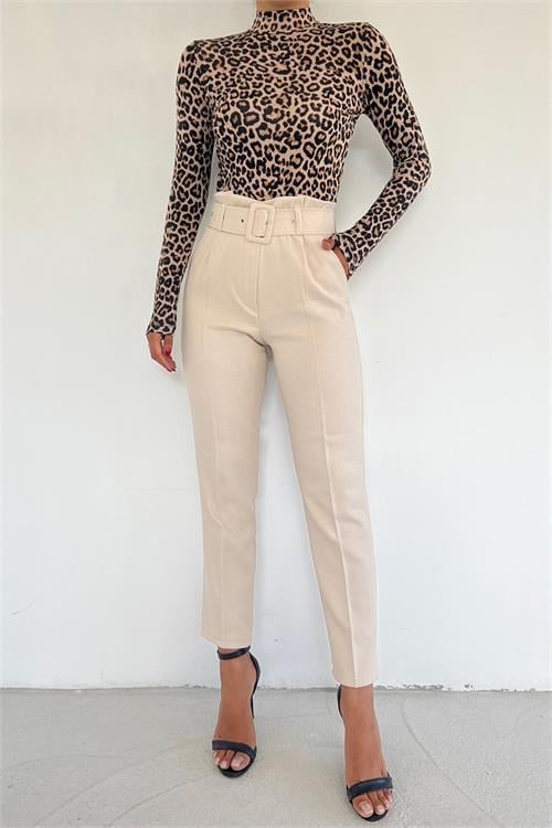 Dipmoda kadın yüksek bel kemerli pantolon QNS040 - Bej 