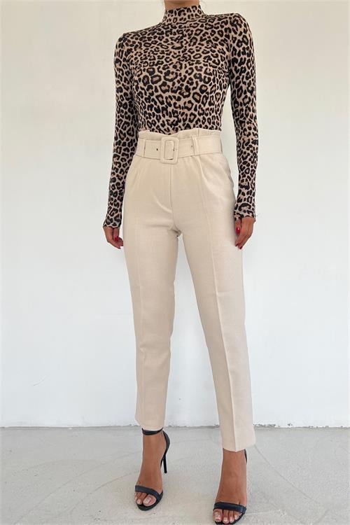 Dipmoda kadın yüksek bel kemerli pantolon QNS040 - Bej 