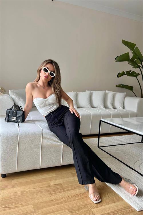 Dipmoda kadın yüksek bel keten pantolon MYLK01- Siyah 