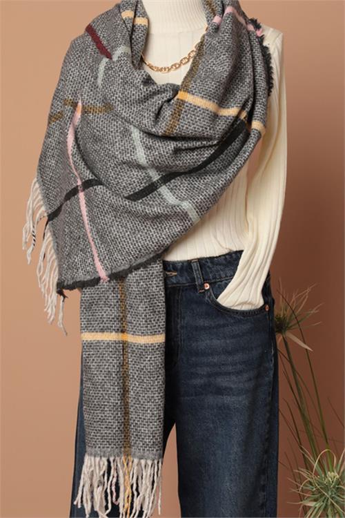 Dipmoda kadın yumuşak dokulu çizgili antrasit şal atkı DPAKS034