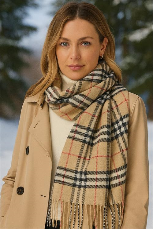 Dipmoda kadın yumuşak dokulu ekose desenli bej şal atkı DPAKS035