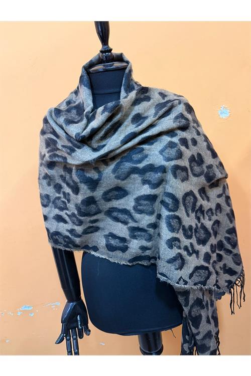 Dipmoda kadın yumuşak dokulu leopar desen püsküllü şal atkı DPAKS051