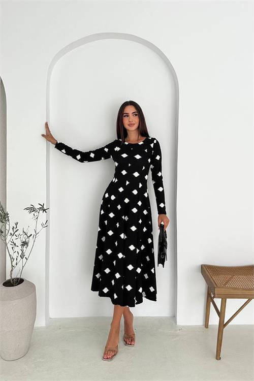 Dipmoda kadın yuvarlak yaka uzun kollu midi boy elbise DPK066