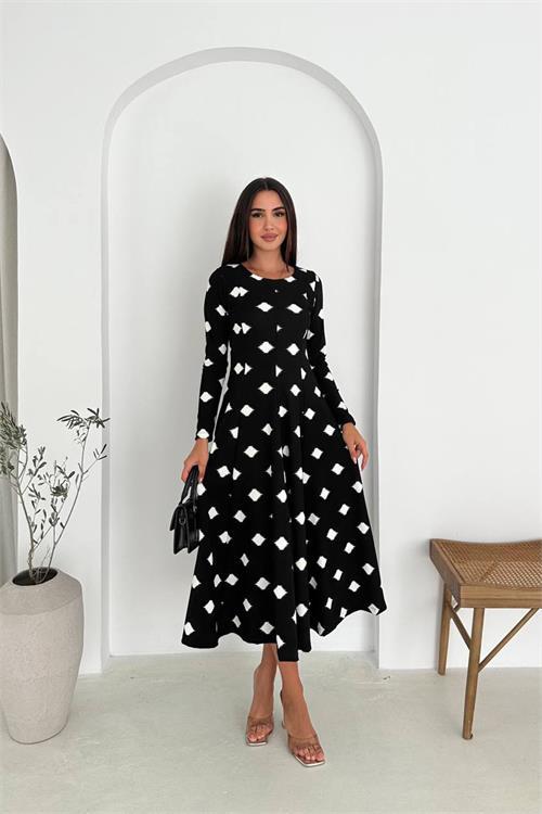 Dipmoda kadın yuvarlak yaka uzun kollu midi boy elbise DPK066