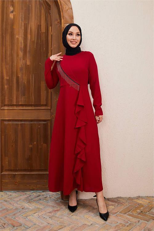 Dipmoda kadın zincir detaylı ithal kumaş tesettür elbise SMS029 