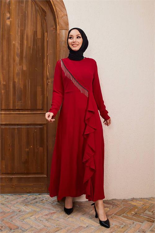 Dipmoda kadın zincir detaylı ithal kumaş tesettür elbise SMS029 