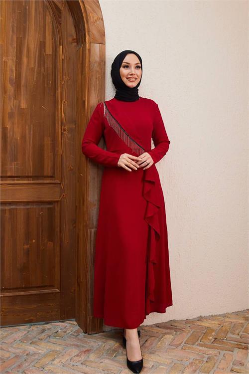 Dipmoda kadın zincir detaylı ithal kumaş tesettür elbise SMS029 