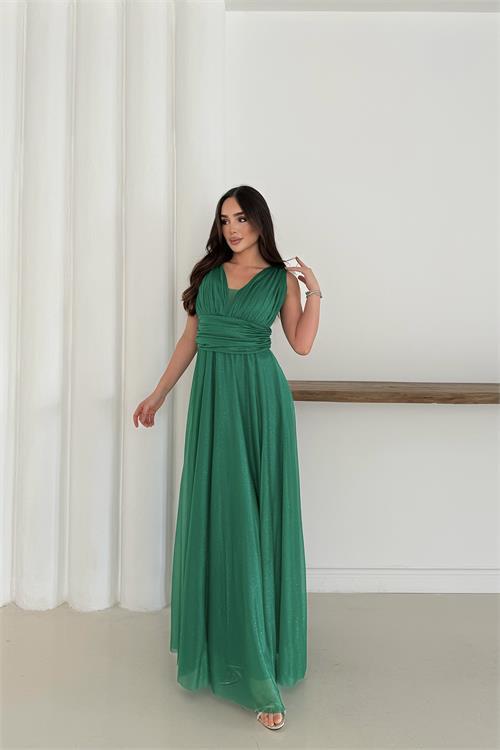 Dipmoda kadın zümrüt yeşil simli büyük beden abiye elbise RYS9223