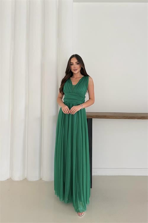 Dipmoda kadın zümrüt yeşil simli büyük beden abiye elbise RYS9223