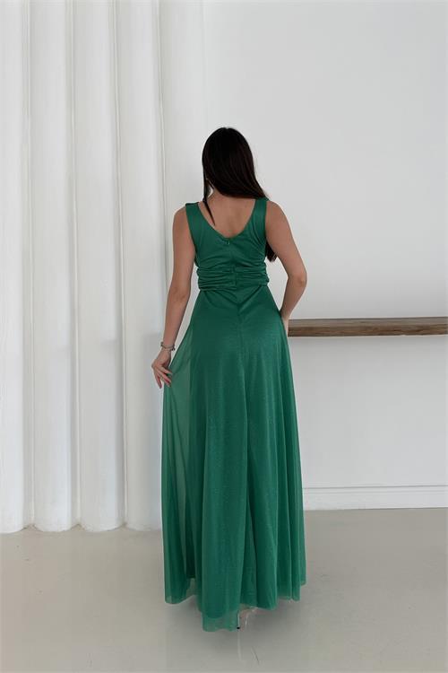 Dipmoda kadın zümrüt yeşil simli büyük beden abiye elbise RYS9223