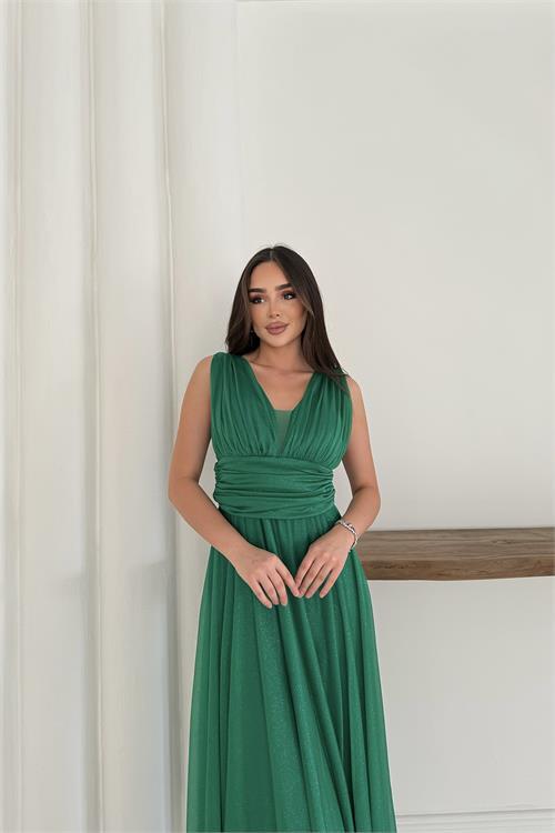 Dipmoda kadın zümrüt yeşil simli büyük beden abiye elbise RYS9223