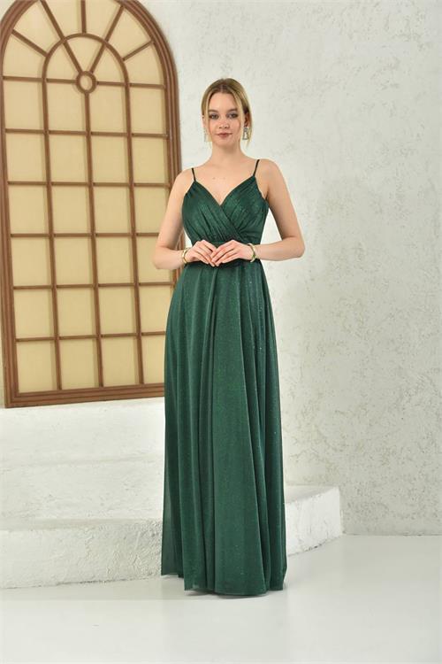 Dipmoda kadın zümrüt yeşil simli kumaş askılı uzun abiye DPS9276