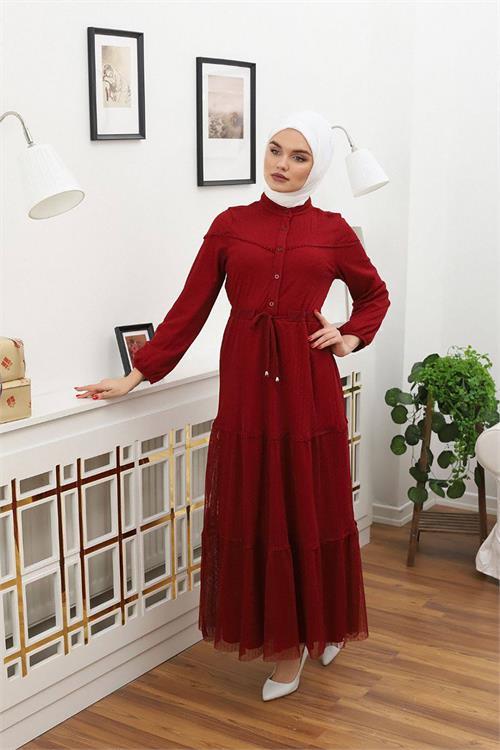 Dipmoda kadını düğme detaylı tesettür elbise RSSN44 - Bordo 