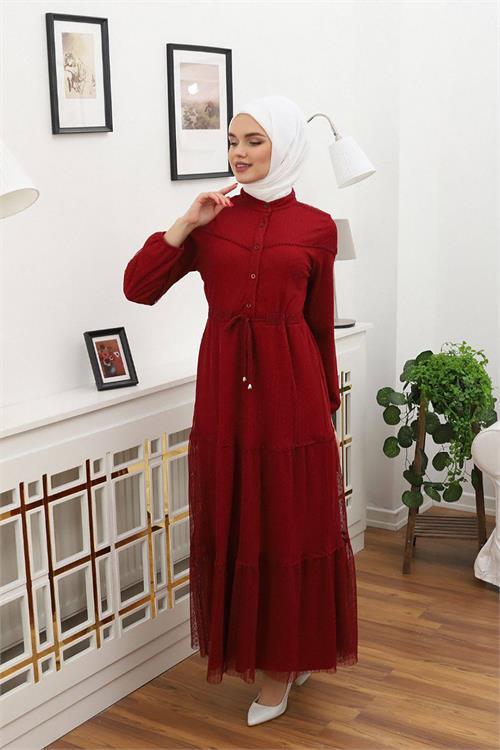 Dipmoda kadını düğme detaylı tesettür elbise RSSN44 - Bordo 