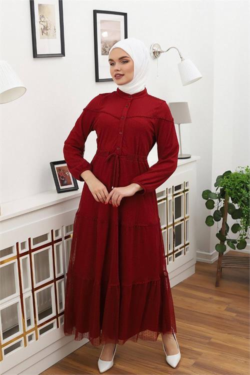 Dipmoda kadını düğme detaylı tesettür elbise RSSN44 - Bordo 