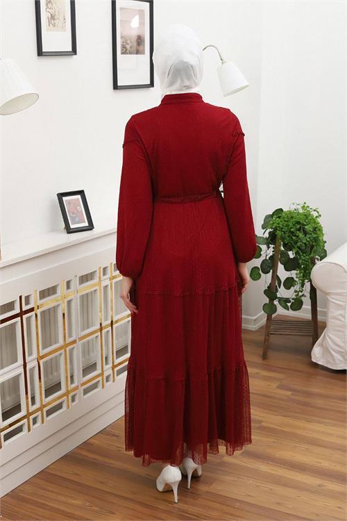 Dipmoda kadını düğme detaylı tesettür elbise RSSN44 - Bordo 