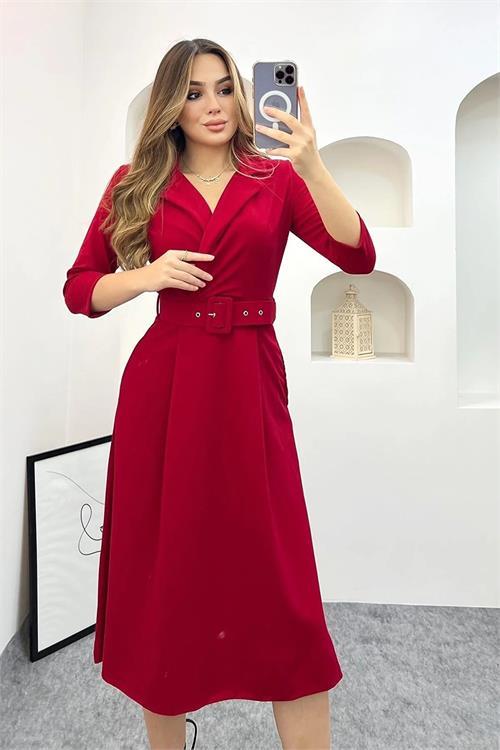 Dipmoda kadını gömlek yaka kemerli örme elbise NB0016 