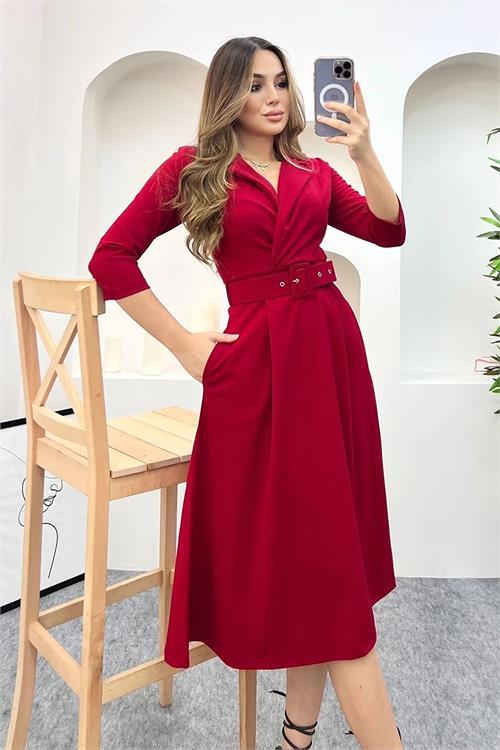 Dipmoda kadını gömlek yaka kemerli örme elbise NB0016 