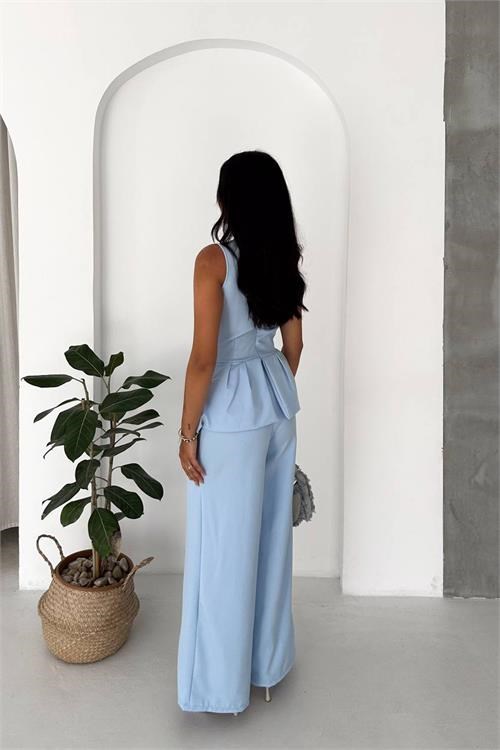Dipmoda kaldın bebe mavi kolsuz gold toka detaylı peplum kesim preium tulum DPK4637