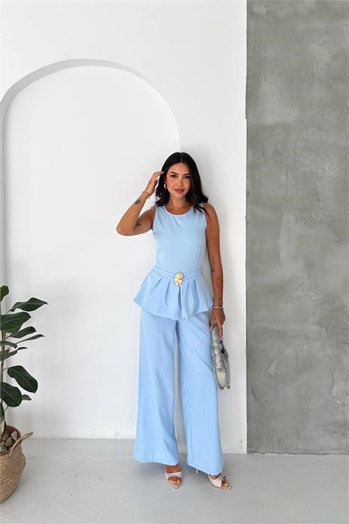 Dipmoda kaldın bebe mavi kolsuz gold toka detaylı peplum kesim preium tulum DPK4637