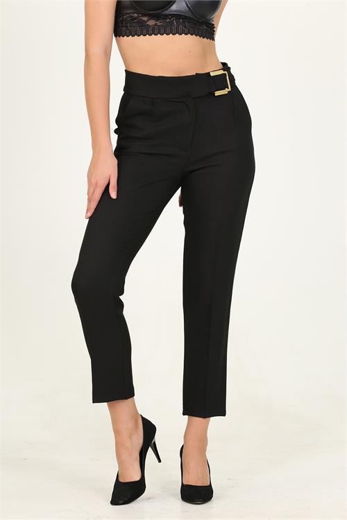 Dipmoda siyah kadın metal kemerli cepli ofis pantolon QNS028 