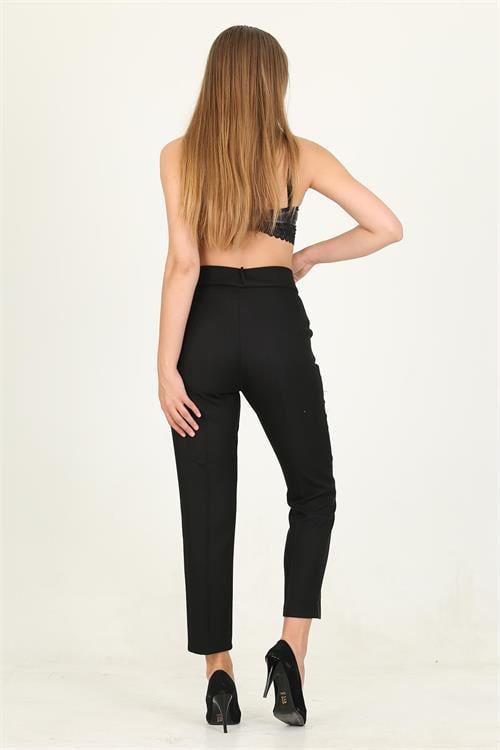Dipmoda siyah kadın metal kemerli cepli ofis pantolon QNS028 