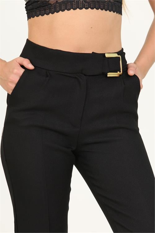 Dipmoda siyah kadın metal kemerli cepli ofis pantolon QNS028 