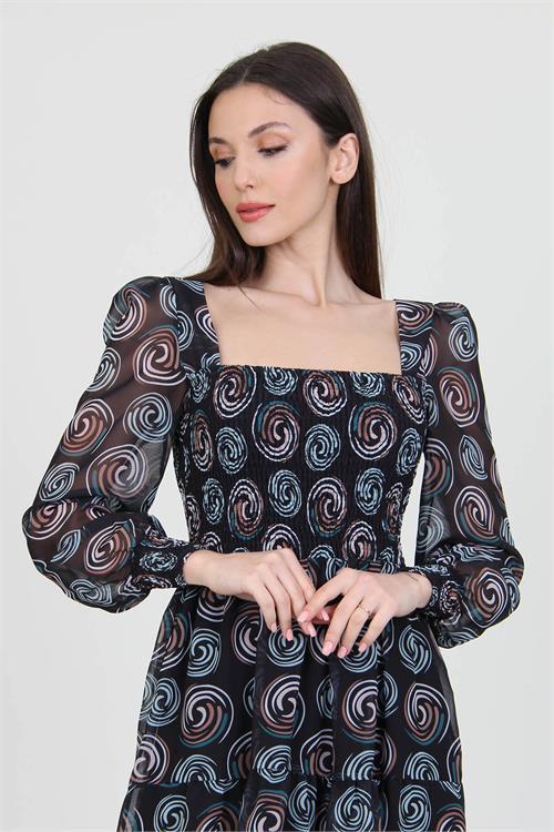 Dipmoda siyah kadın siyah gipeli kare yaka desenli şifon elbise NB100361 