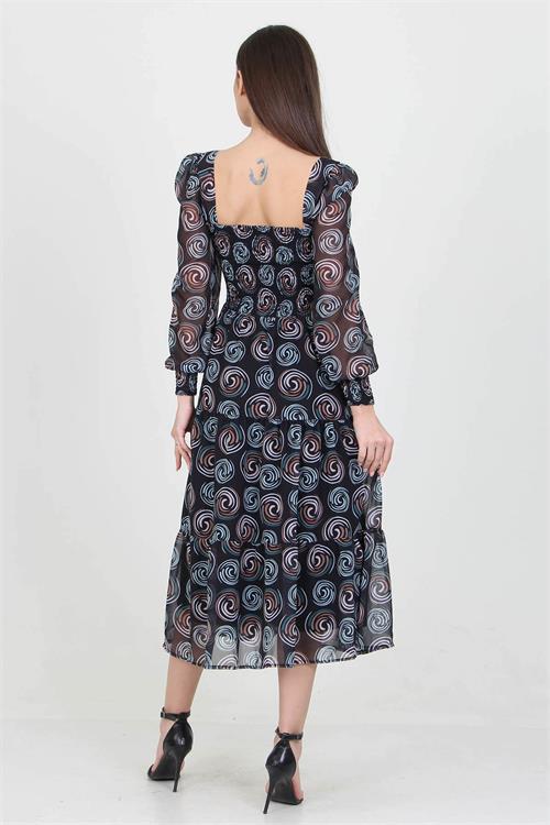 Dipmoda siyah kadın siyah gipeli kare yaka desenli şifon elbise NB100361 