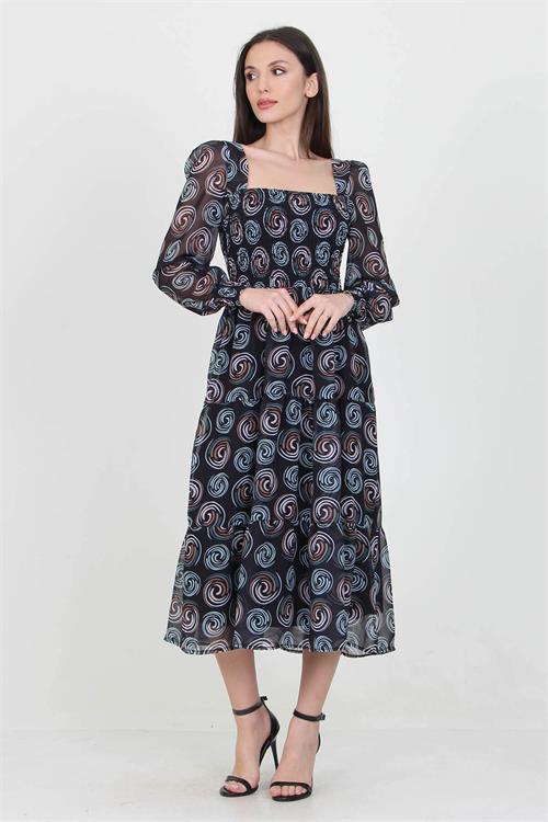 Dipmoda siyah kadın siyah gipeli kare yaka desenli şifon elbise NB100361 