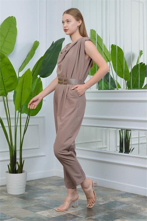 Dipmoda Vizon kadın vatkalı kemer detaylı sıfır kol cepli tulum NB10051 