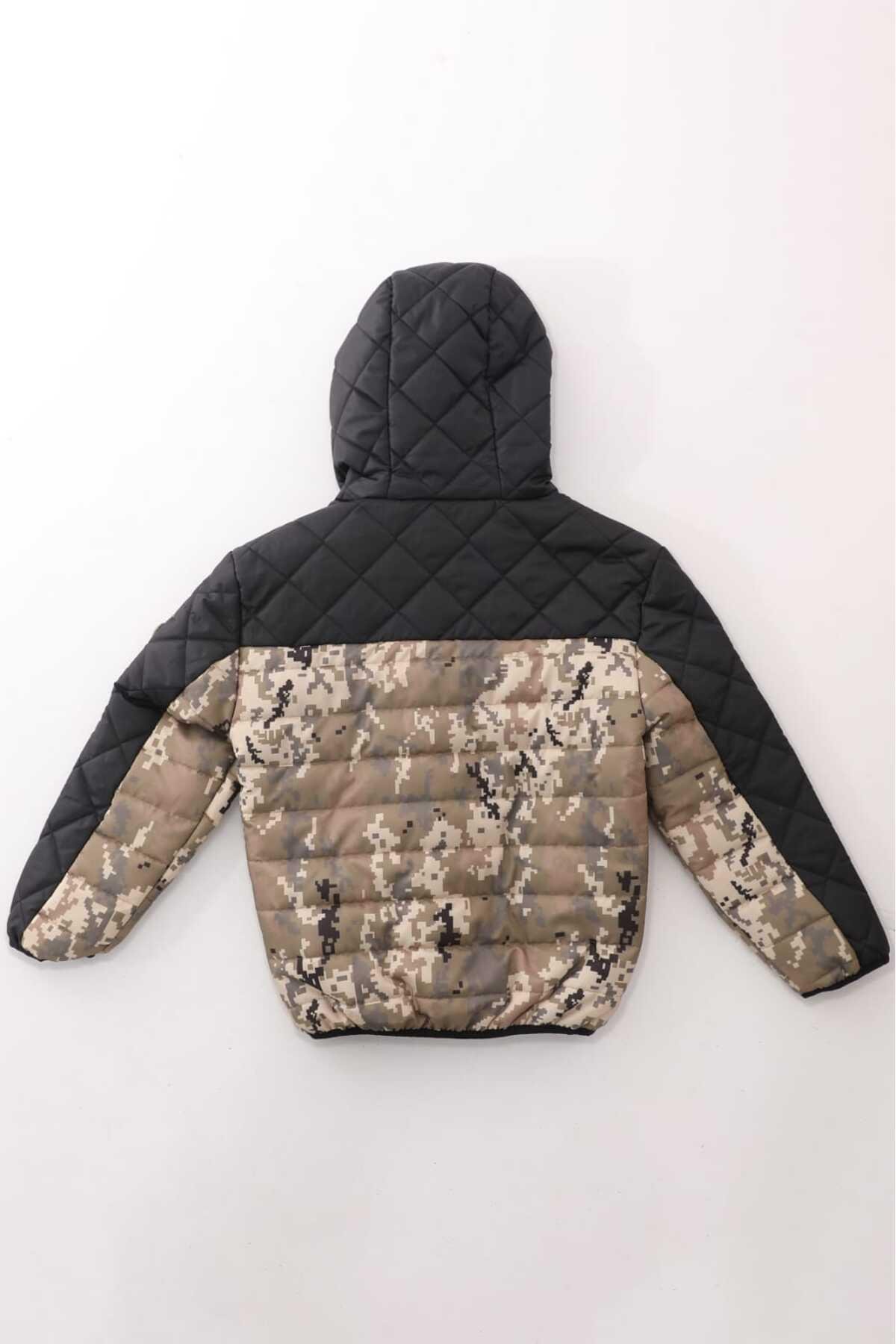 Erkek Çocuk Kamuflaj Desenli Kapüşonlu Kışlık Mont DPRBC006