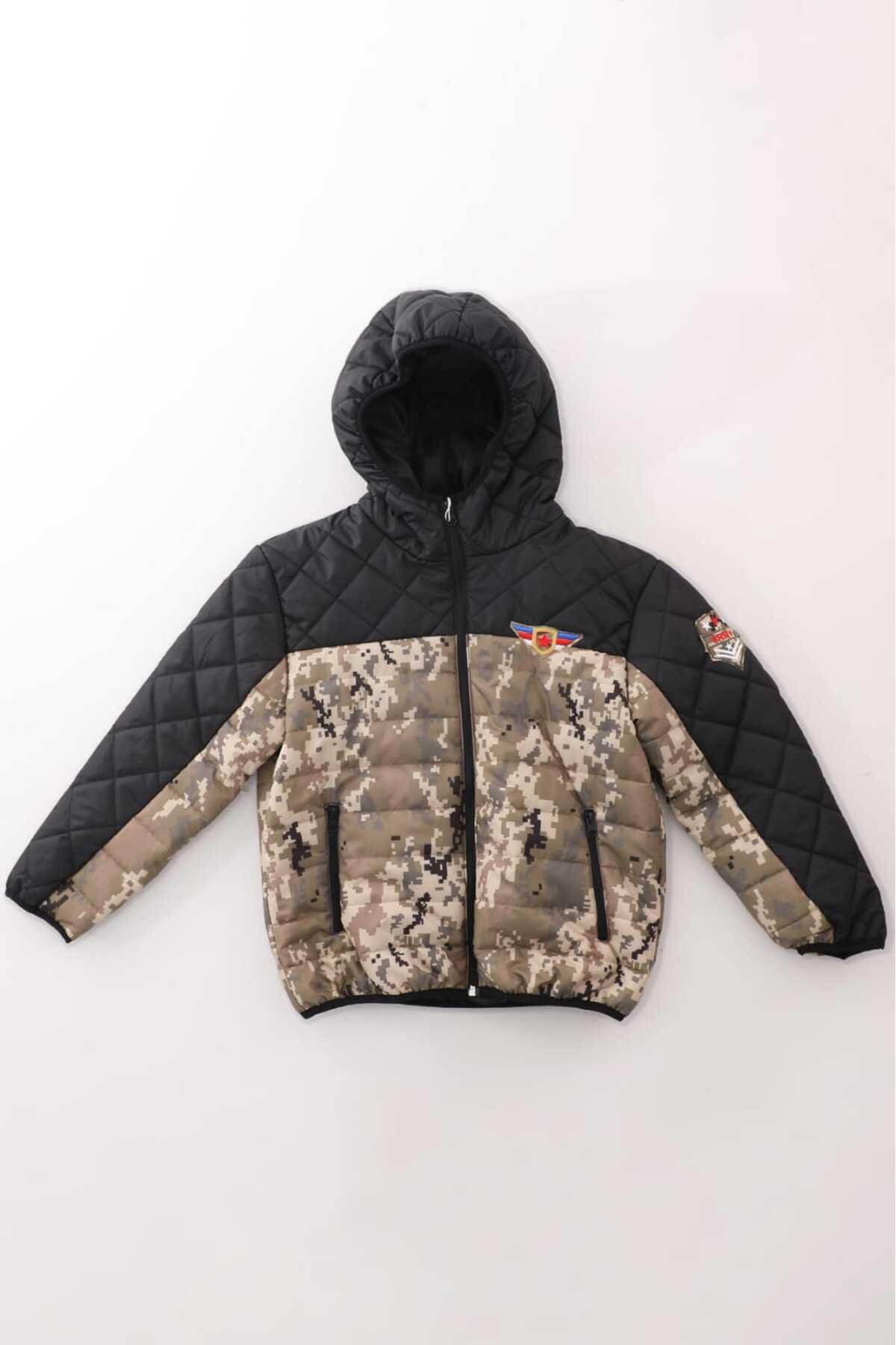 Erkek Çocuk Kamuflaj Desenli Kapüşonlu Kışlık Mont DPRBC006