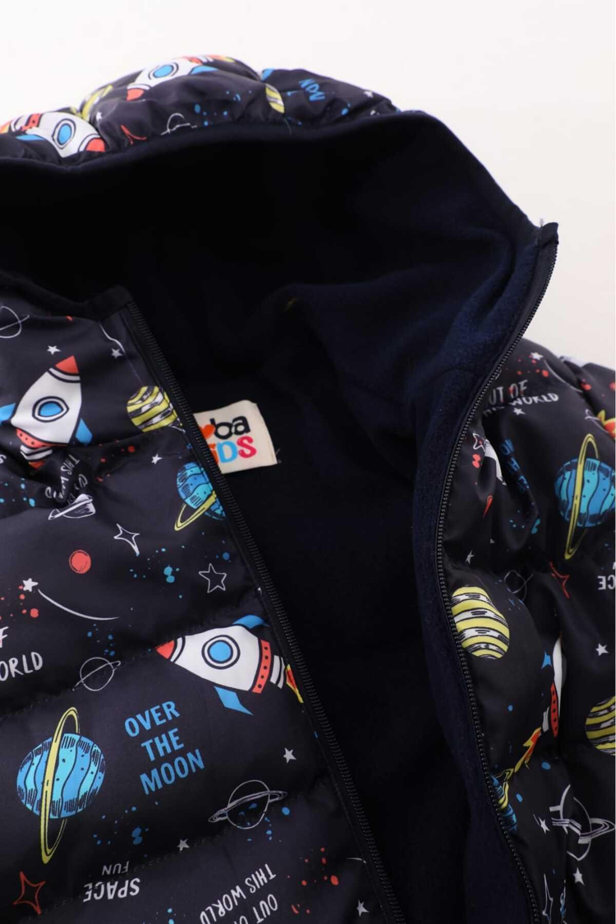 Erkek Çocuk Lacivert Roket Desenli İç Polarlı Kışlık Şişme Mont DPRBC017