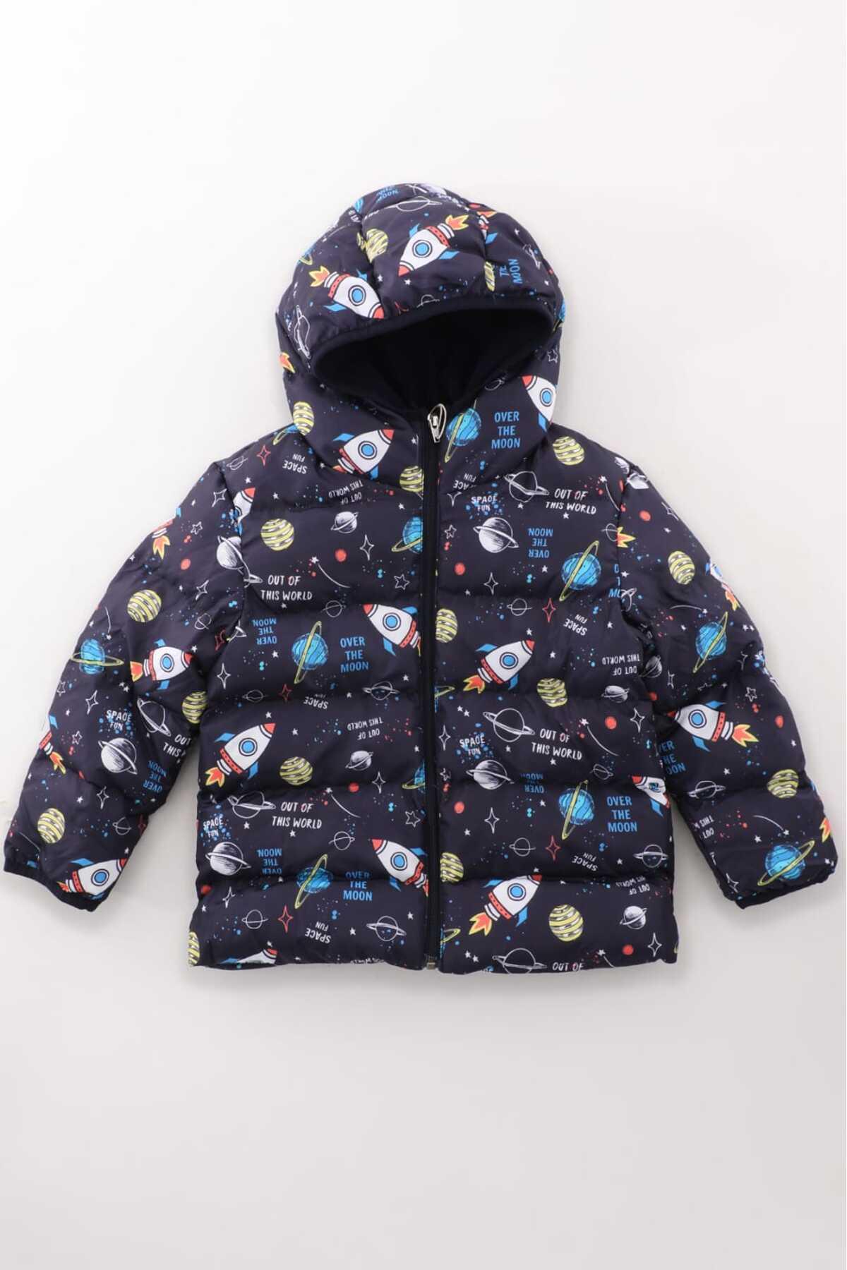 Erkek Çocuk Lacivert Roket Desenli İç Polarlı Kışlık Şişme Mont DPRBC017
