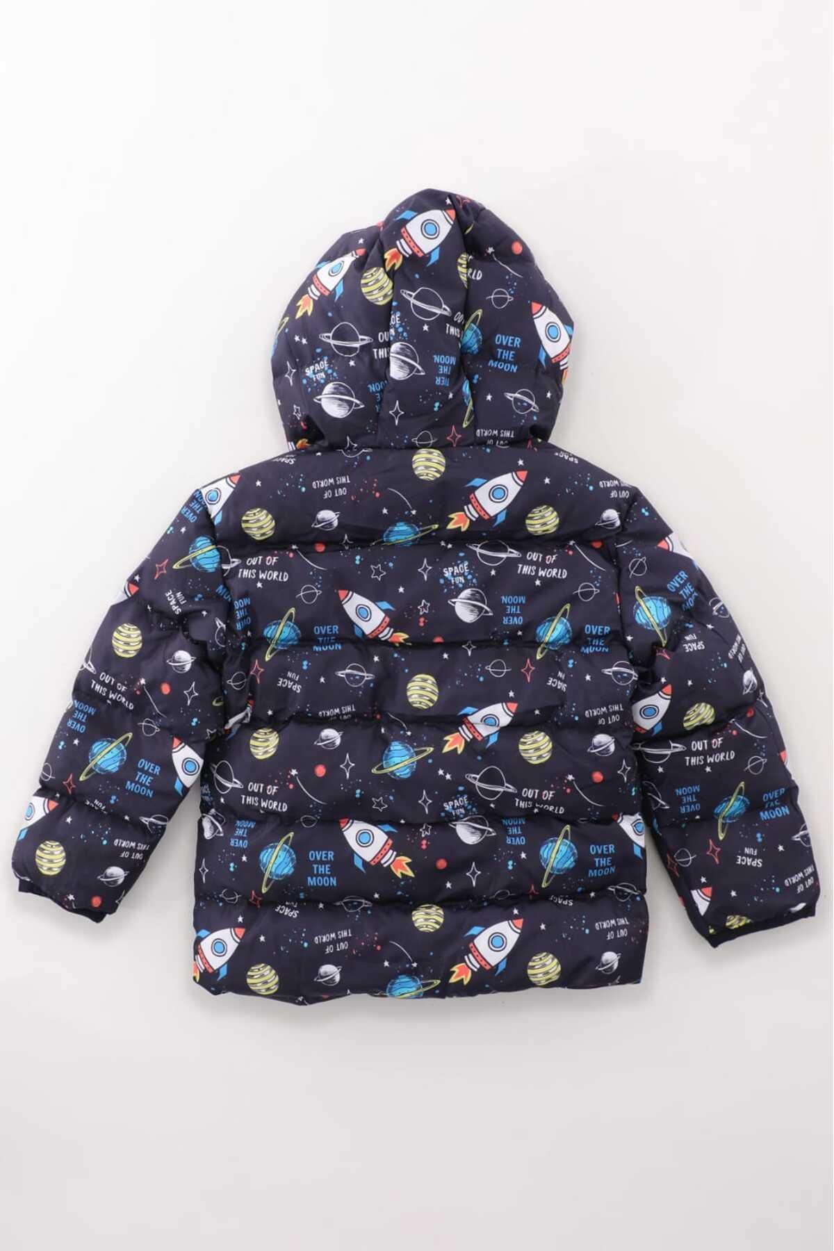Erkek Çocuk Lacivert Roket Desenli İç Polarlı Kışlık Şişme Mont DPRBC017