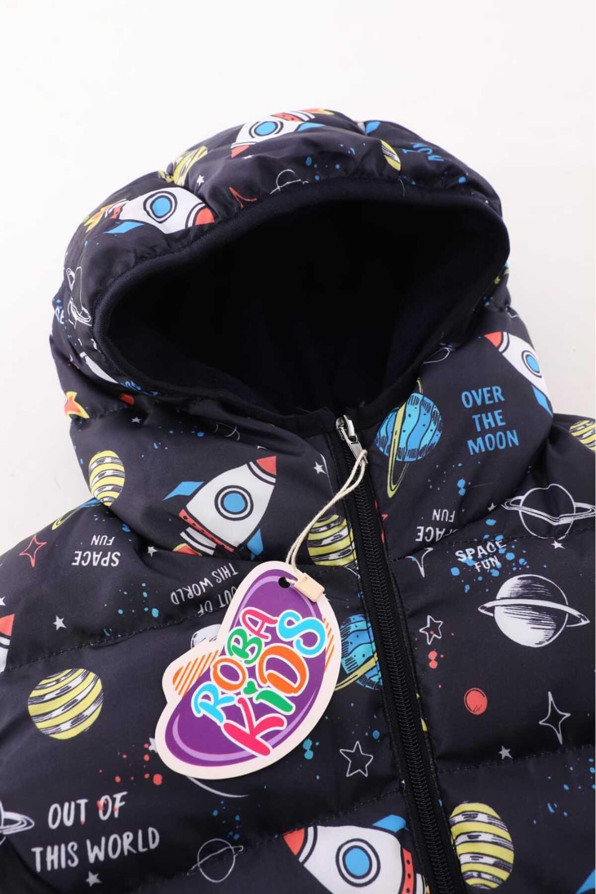 Erkek Çocuk Lacivert Roket Desenli İç Polarlı Kışlık Şişme Mont DPRBC017