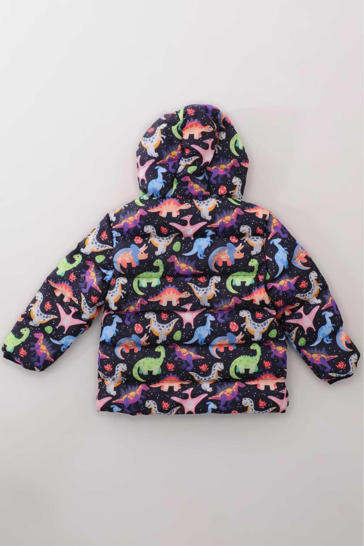 Erkek Kız Çocuk Dinozor Desenli İç Polarlı Kışlık Mont DPRBC004