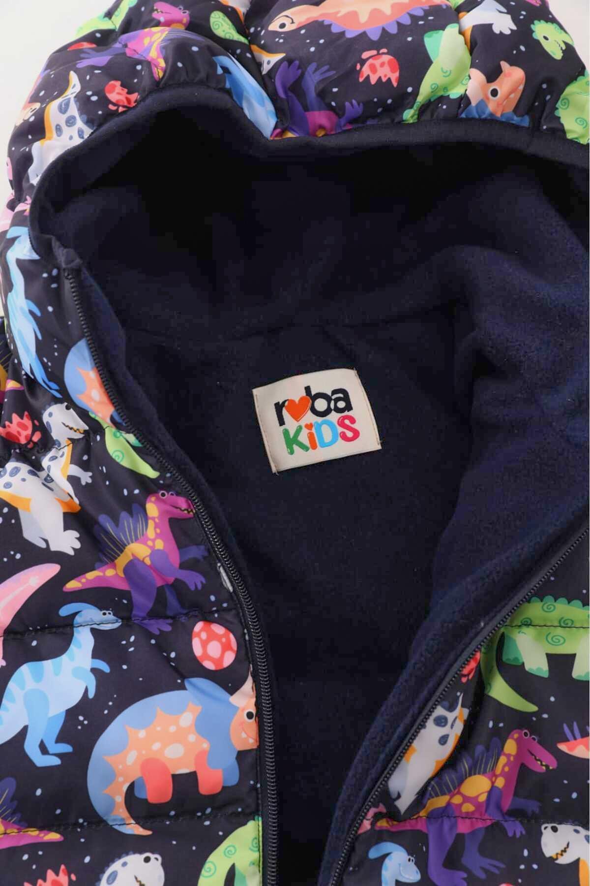 Erkek Kız Çocuk Dinozor Desenli İç Polarlı Kışlık Mont DPRBC004