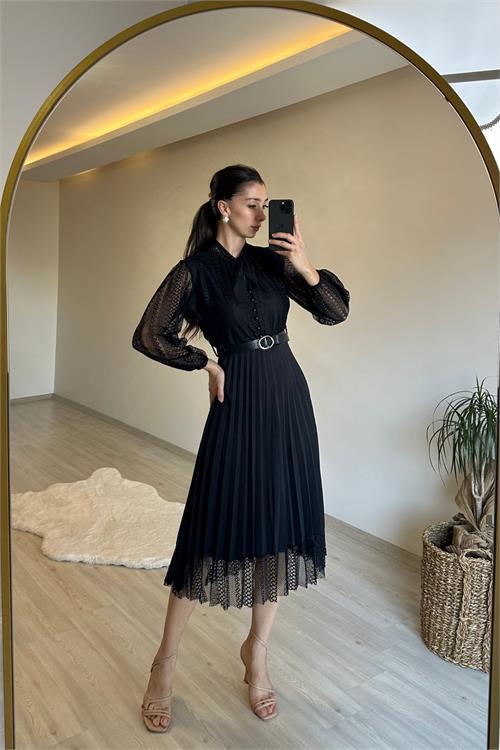Kadın dantelli piliseli yaka bağlamalı midi elbise NM012